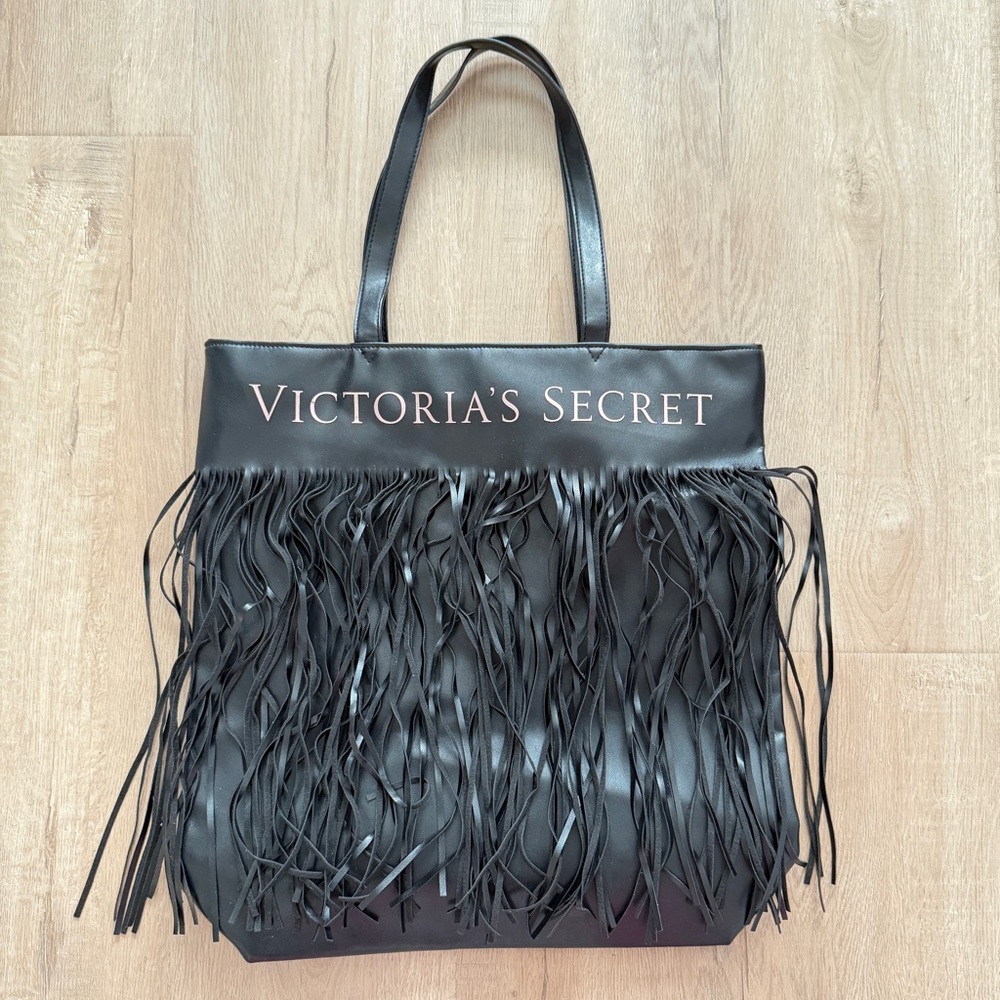 Victoria's Secret‎ Black Faux Leather Fringe Tote Bag